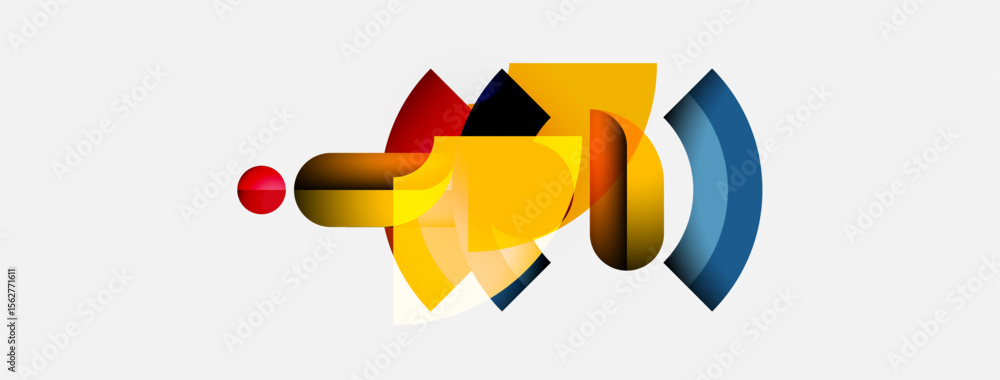 Poster Abstract geometric shapes overlap, creating vibrant color gradients. Composition features circles, rectangles, triangles. Minimalist design.