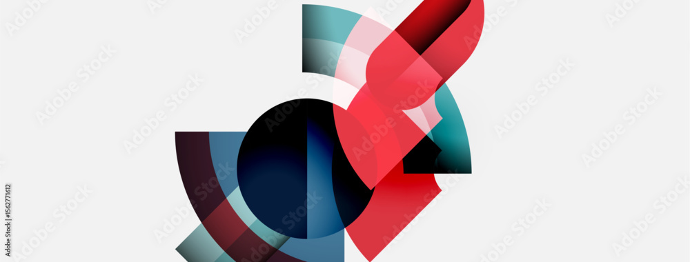 Poster abstract geometric shapes overlap, creating dynamic composition. red, blue, teal hues dominate neutr