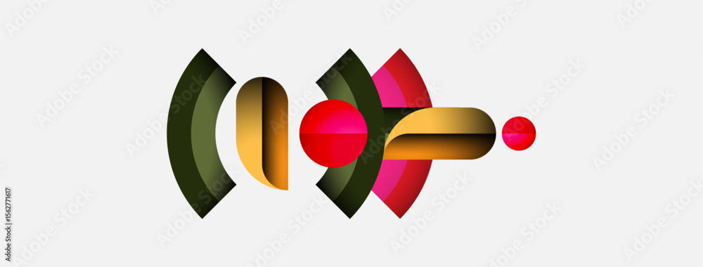 Poster abstract graphic design. overlapping shapes create dynamic composition. red, green, gold hues domina