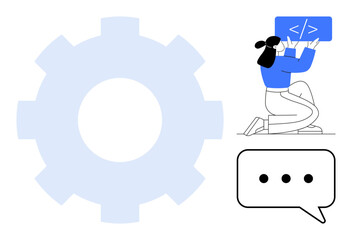Woman interacting with code interface, gear emphasizing tech process, speech bubble signifying communication. Ideal for coding, tech development, problem-solving, programming, automation, IT