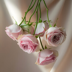 Five delicate pink roses with dew drops hanging against a soft beige background