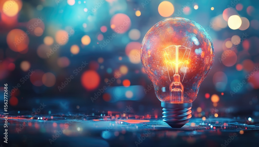 Poster a glowing lightbulb sits on a surface of vibrant, digital patterns, surrounded by bokeh of colorful 