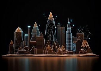 Futuristic City Skyline Illustration. Abstract Geometric Skyscrapers with Neon Glow. Modern Urban Concept on Dark Background.