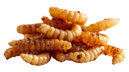 Fototapeta premium Delicious roasted edible worms, a unique protein source. transparent background