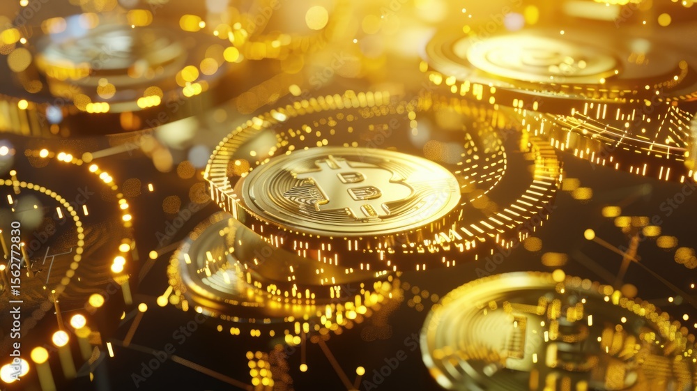 Poster digital image of glowing bitcoin coins floating in space with light trails. abstract artwork of gold