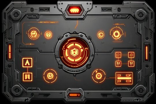 Futuristic control panel with glowing orange elements.  Dark gray metal casing with intricate details.  Displays various circular and rectangular icons