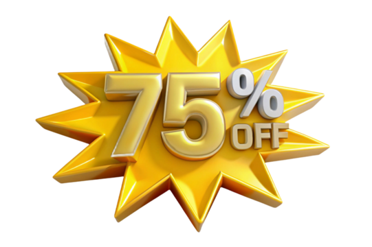 Golden starburst with seventy five percent off discount isolated on transparent background
