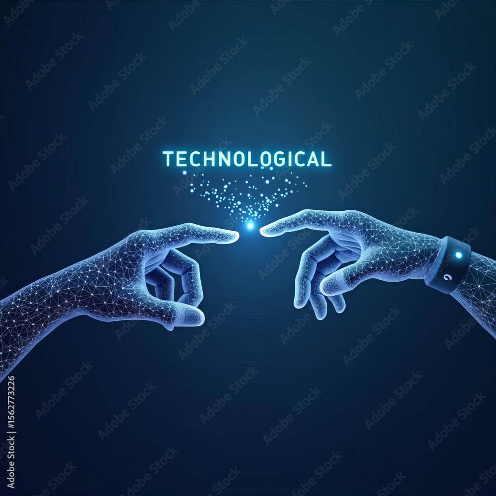 Poster technological innovation and digital connection concept with glowing polygonal hands reaching out in