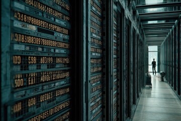 Server room corridor with racks and a figure