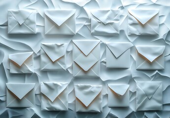 A serene and clean arrangement of pristine white envelopes on a wavy, abstract background, evoking concepts of connection, privacy, and digital communication.