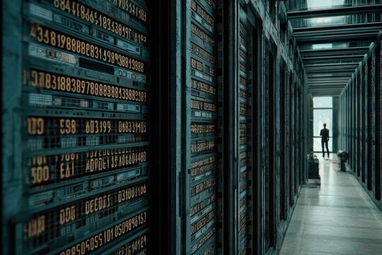 Server room corridor with racks and a figure - Powered by Adobe