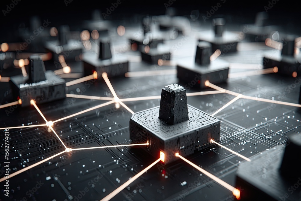 Poster dark, futuristic network of connected gray blocks on circuit board