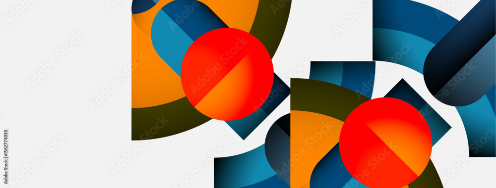 Poster Abstract geometric composition. Orange, blue shapes overlap creating dynamic visual effect. Minimalist design, modern aesthetic.
