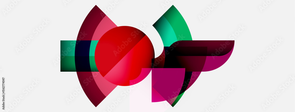 Poster Abstract composition featuring overlapping colorful shapes. Red circle dominates, surrounded by magenta, green elements. Modern design, simple background.