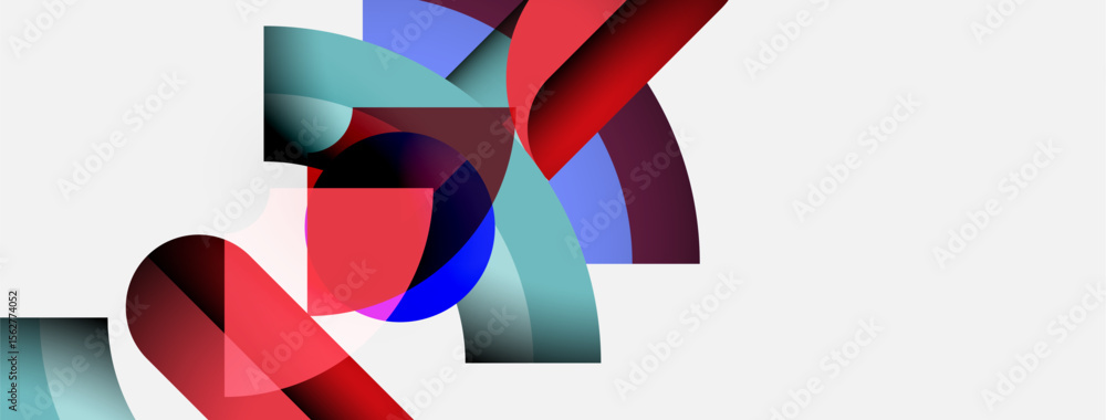 Poster abstract shapes overlap, creating vibrant red, blue, teal composition. minimalist design with clean 