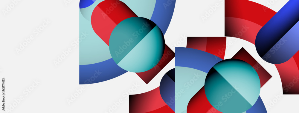 Poster abstract composition featuring overlapping circles, rectangles. red, blue, teal hues dominate white 