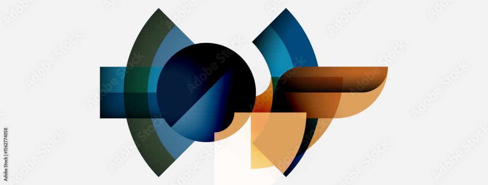 Poster abstract geometric shapes overlap, creating dynamic composition. colors include blues, oranges, gree