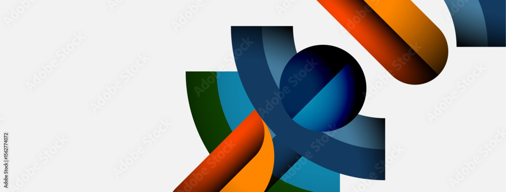 Poster abstract ribbons intertwine, creating dynamic composition. blue, orange, green hues dominate clean w