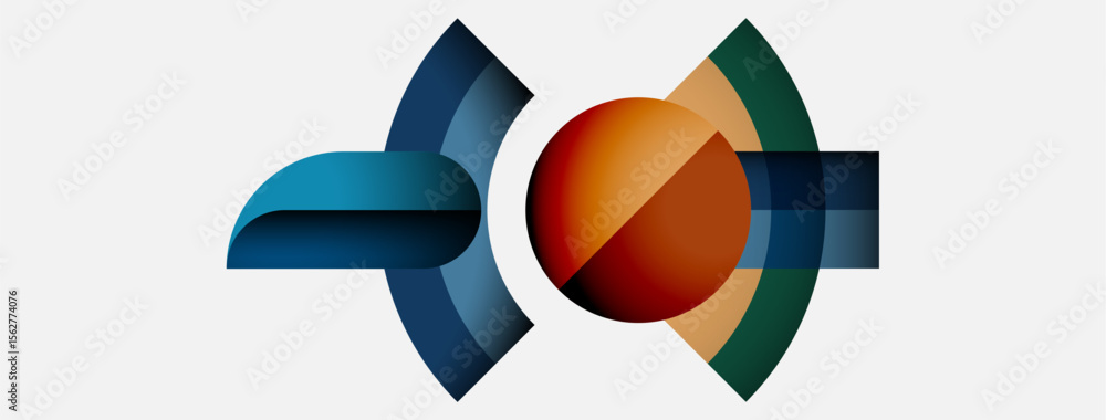 Poster abstract design features curved shapes, vibrant colors. composition suggests movement, energy, possi