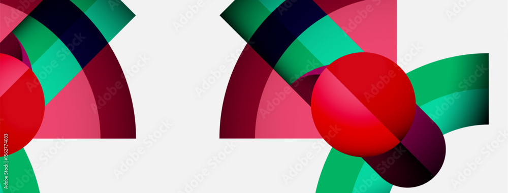 Poster Abstract composition features overlapping colorful arcs, circles, shapes. Minimalist design with vibrant hues creates dynamic visual impact.