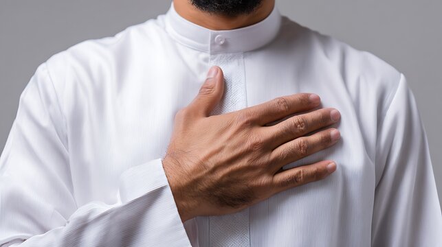 Close Up of Muslim Right Hands on Chest, Respect Gesture : Suitable for Be Used in Blog Posts, Social Media Posts or Website Content Related to People & Lifestyle Theme.