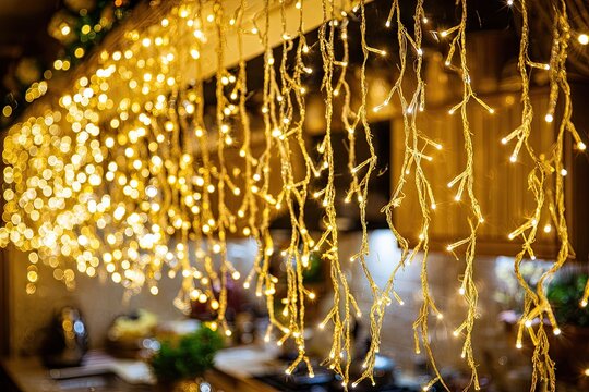 Warm, golden string lights cascade down a kitchen's wooden cabinets, creating a festive atmosphere. Blurry kitchen background suggests a holiday gathering - Powered by Adobe