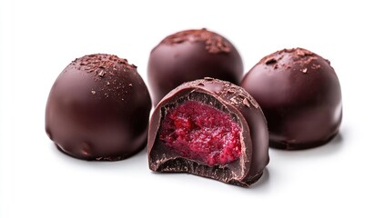 Four dark chocolate truffles, one split open to reveal a vibrant red filling, against a white background