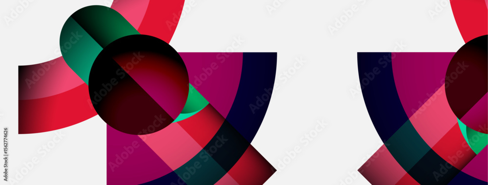 Poster Abstract composition featuring overlapping colorful shapes. Reds, greens, purples create dynamic visual effect. Minimalist design.