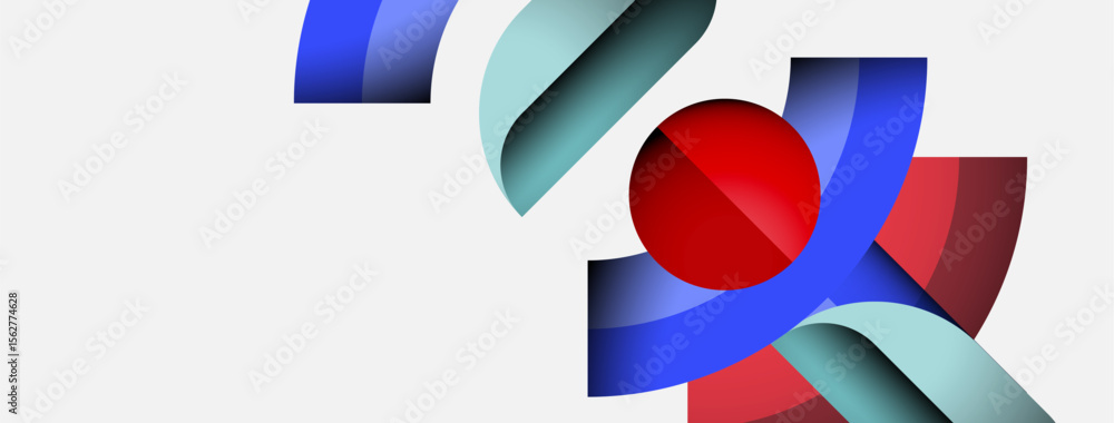 Poster abstract shapes overlap, creating dynamic composition. blue, red, teal hues dominate white backgroun