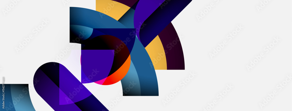 Poster Abstract shapes overlap, creating dynamic composition. Colors include blues, purples, yellows, oranges. Minimalist design with white space.