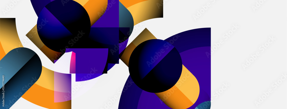 Poster abstract shapes, vibrant colors, geometric patterns dominate composition. purple, orange, teal hues 