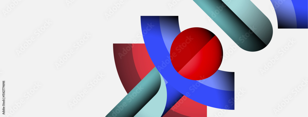 Poster Abstract shapes, vibrant colors, dynamic composition. Red sphere intersects blue ribbons, creating modern visual impact. Clean design.