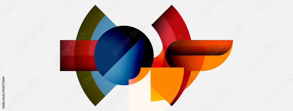 Poster Abstract shapes overlap, creating dynamic composition. Colors blend, forming interesting visual effect. Modern design, simple background.