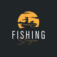 Angler Fishing Logo, Simple Outdoor Fishing Man Silhouette Template Design