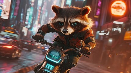 Raccoon riding motorcycle in a futuristic city at night