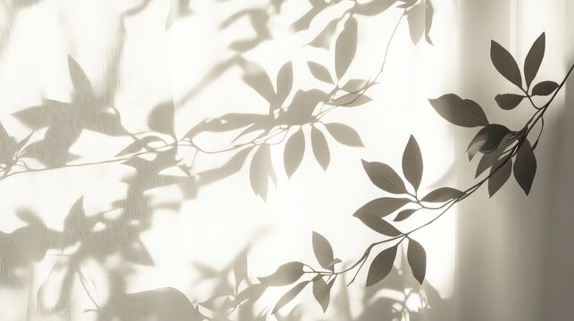 Plant shadows on curtain with soft light botanical detail and airy tone ideal for peaceful interiors and nature themes