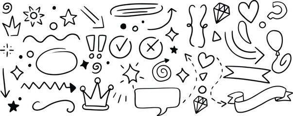 Trendy hand-drawn doodle icon collection with arrows, hearts, stars, crowns, check marks, speech bubbles, and elements. Ideal for social media, stickers, presentations, planners, and creative projects