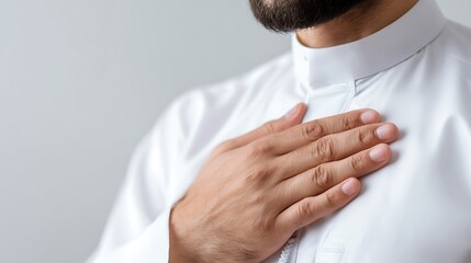 Close Up of Muslim Right Hands on Chest, Respect Gesture : Suitable for Be Used in Blog Posts, Social Media Posts or Website Content Related to People & Lifestyle Theme.
