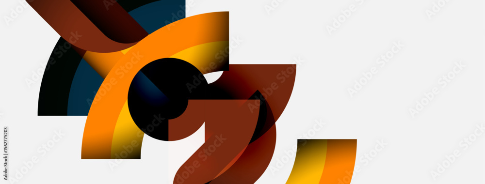 Poster Abstract shapes overlap, creating dynamic composition. Warm colors dominate, contrasted by dark elements. Minimalist design, modern aesthetic.