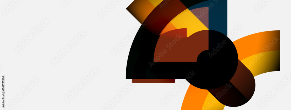 Poster Abstract geometric shapes overlap, creating dynamic composition. Warm tones dominate, contrasted by dark areas. Minimalist design, modern aesthetic.