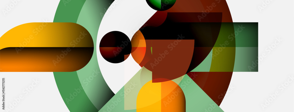 Poster Abstract composition. Geometric shapes overlap, creating dynamic visual interest. Colors include orange, green, brown, white. Modern design.