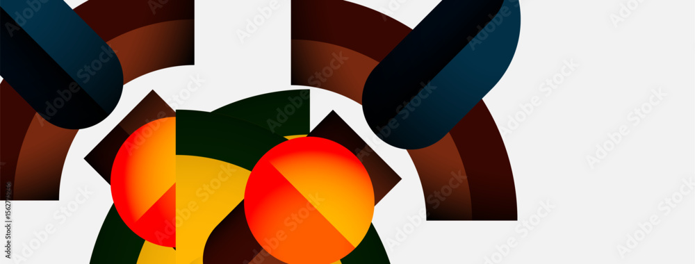 Aufkleber Abstract geometric shapes overlap. Circles, triangles, arcs create dynamic composition. Warm colors contrast cool tones. Minimalist design.