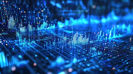 A digital interface with blue and white colors, featuring a grid of data points and lines, with a blurred background.