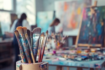 Paintbrushes in an art studio, out of focus