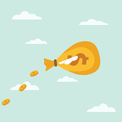 coins coming out of a flying money bag. money falling. a bag containing flying coins. suitable for business and finance themes