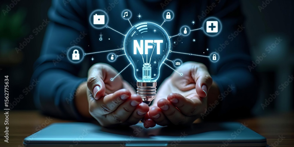 Poster nft innovation and blockchain technology concept with glowing lightbulb and digital icons in hands a