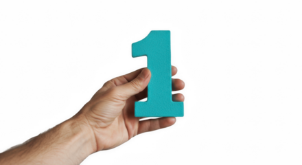 Hand Holding a Bold Cyan Number 1 Isolated on a Transparent PNG Background , Hand, number, one, digit, numeral, figure, cyan, turquoise, blue, holding, showing, presenting