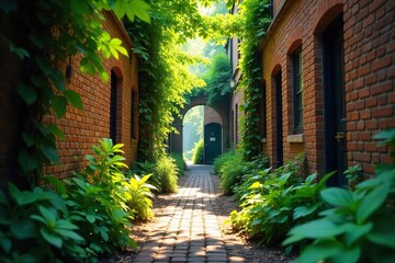 Sun-Dappled Brick Alley Lush Greenery Creates a Secluded Urban Oasis, Casting Dappled Shadows on Aged Brick Walls, Perfect for Relaxation and Peaceful Escape.