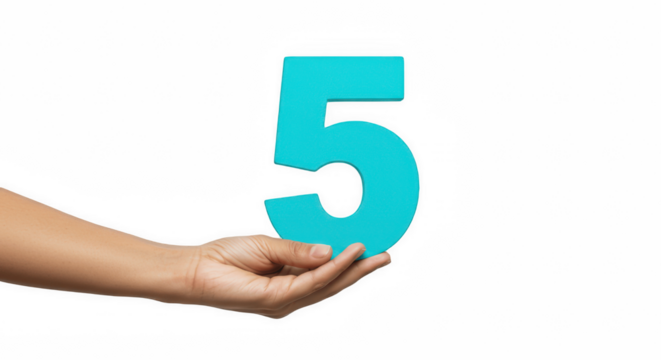 Hand Holding a Bold Cyan Number 5 Isolated on a Transparent PNG Background , Hand, number, five, digit, numeral, figure, cyan, turquoise, blue, holding, showing, presenting - Powered by Adobe