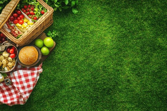 Picnic basket and food on grassy field